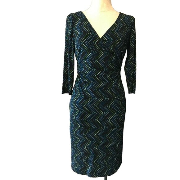 Adrianna Papell Dress 4 Small Black Blue Green Dots Stretch Sheath Long Sleeve - Picture 1 of 5